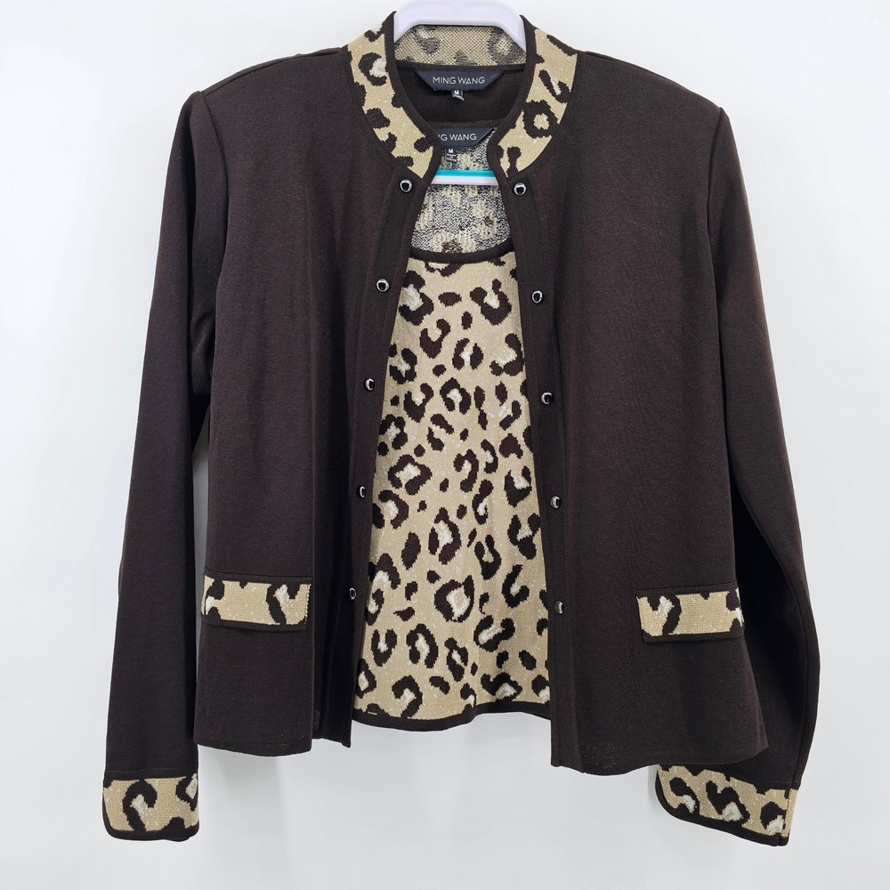Ming Wang Knit Jacket Tank Set Women M Brown Leopard Print Open Front Mock Neck